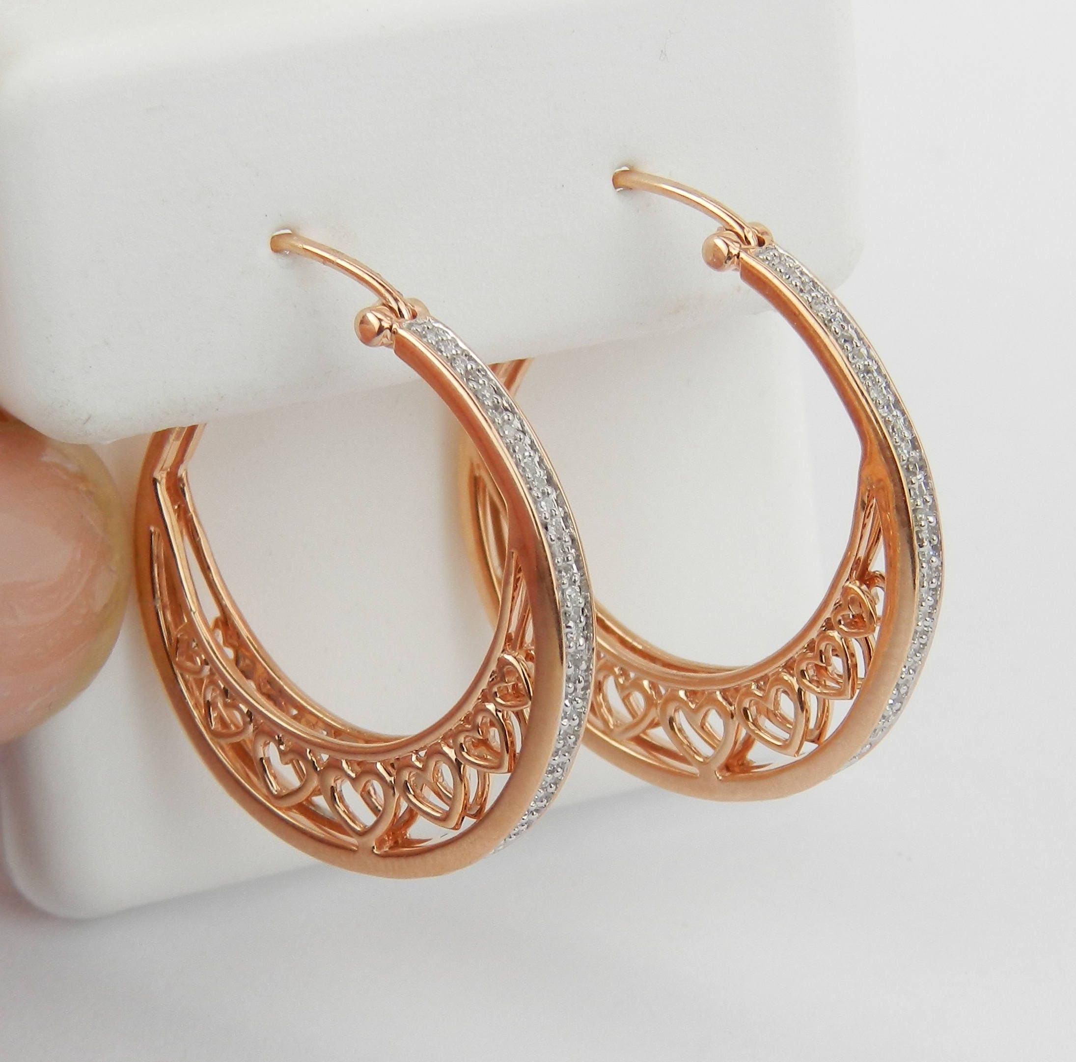 Rose Gold Diamond Hoop Earrings Heart Design Hoops Gypsy Style 1