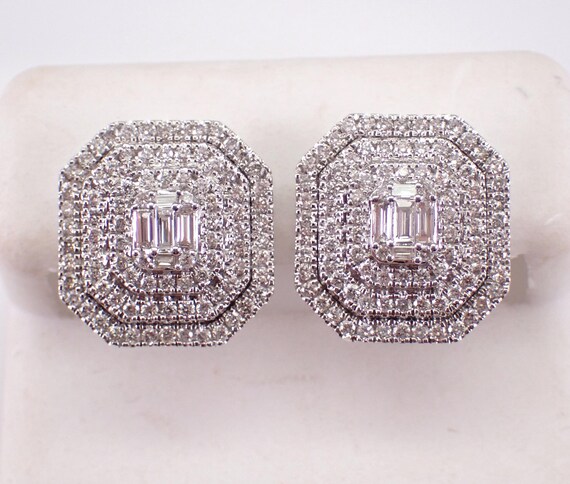 14K White Gold Diamond Stud Earrings - Large Rectangular Halo Cluster Studs - Unique Bridal Wedding Jewelry Gift