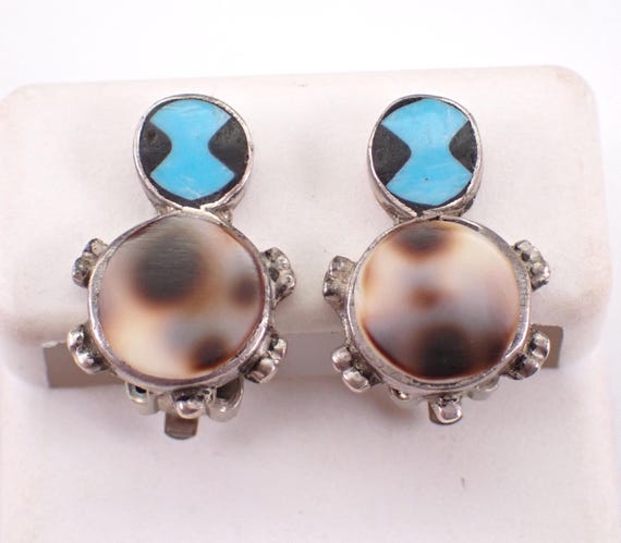 Vintage Sterling Silver Clip Earrings, Non Pierced Turtle Gemstone Clips, Turquoise Onyx and Shell Jewelry Gift