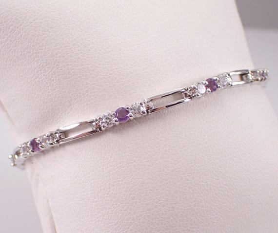 Sterling Silver Amethyst and CZ Tennis Bracelet - Estate Vintage Cubic Zirconia Gemstone Link