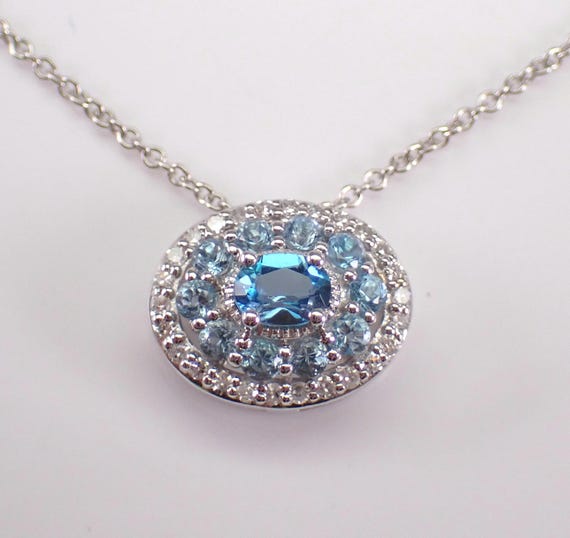 White Gold Blue Topaz Cluster Necklace: Diamond Halo Charm Pendant and Chain