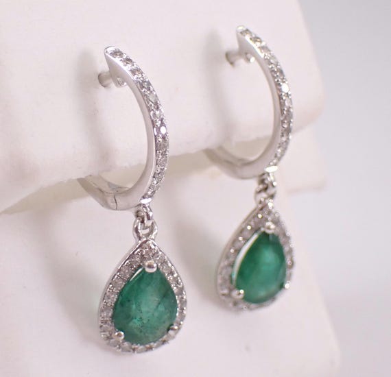 Emerald and Diamond Dangle Earrings, 14K White Gold Dainty Halo Drops, May Birthstone Fine Jewelry Gift