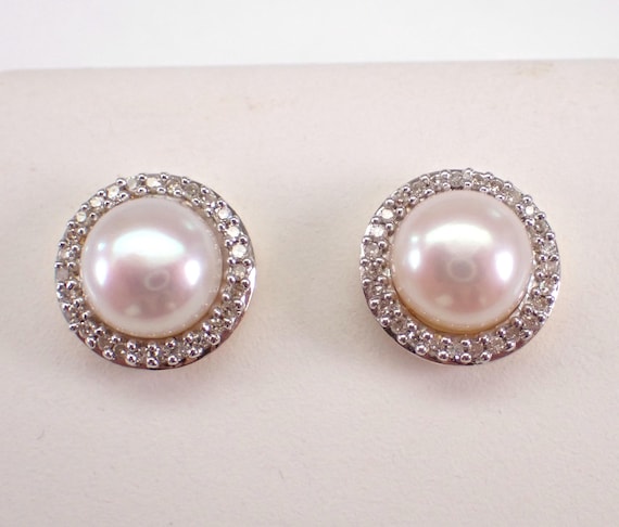 Pearl and Diamond Stud Earrings - Yellow Gold Dainty Halo Studs - June Birthstone Jewelry Gift