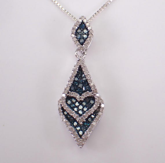 Vintage Sterling Silver Diamond Charm Necklace: Teardrop Cluster Fancy Blue Choker Pendant and Chain