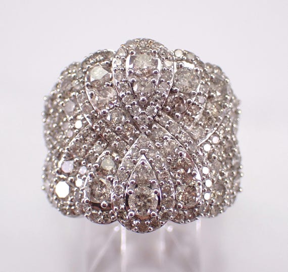 White Gold Diamond Anniversary Band - Wide Domed Cluster Cocktail Ring - Unique Bridal Fine Jewelry Gift