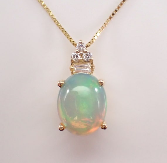 Opal and Diamond Pendant Necklace - 14K Yellow Gold Choker with 18 inch Box Chain - October Birthstone Jewelry Gift