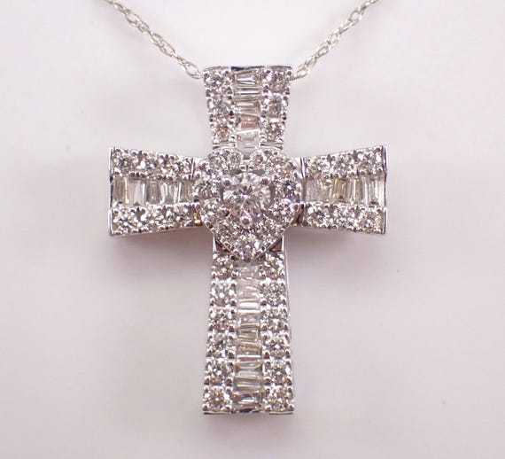14K White Gold Diamond Cross Pendant and Chain: Religious Heart Charm Necklace