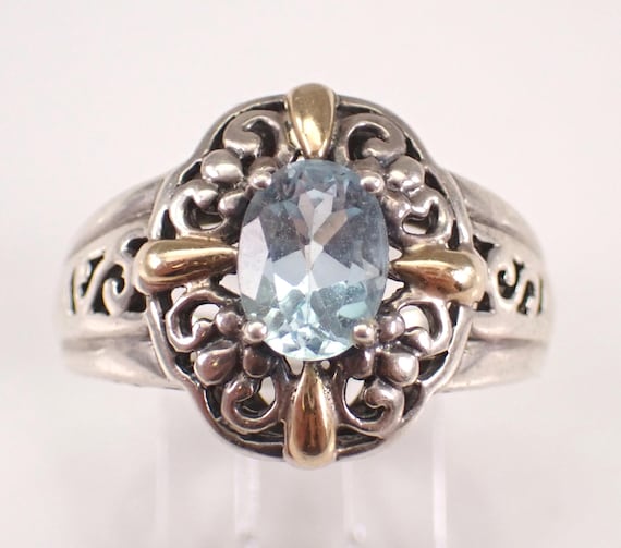 Silver and 14k Gold Blue Topaz Ring - Sterling Gemstone Engagement Promise Band - Unique Vintage Estate Jewelry Gift