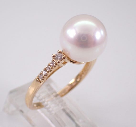 14K Yellow Gold Pearl Engagement Ring - Simple Traditional Diamond Setting - June Birthstone Jewelry Gift