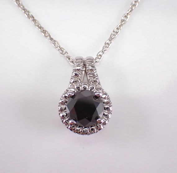 White Gold Black Diamond Pendant and Chain - Beaded Teardrop Solitaire Charm Necklace - Unique Bridal Fine Jewelry Gift