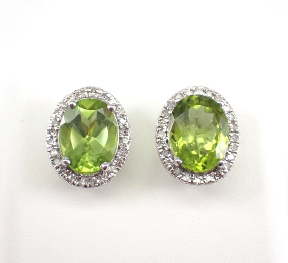 White Gold Peridot and Diamond Stud Earrings - August Birthstone Gemstone Jewelry Gift