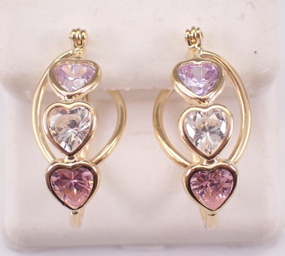 Vintage 14K Yellow Gold Heart Hoop Earrings: Unique Pink Purple White CZ Gemstones