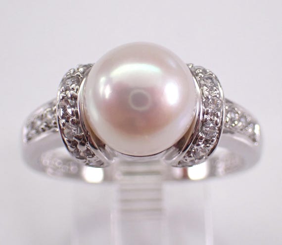 Sterling Silver Pearl Engagement Ring - Cubic Zirconia Setting Band - Unique Estate Gemstone Jewelry Gift