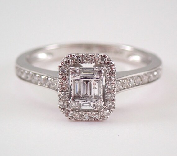 14K White Gold Diamond Halo Engagement Ring, Wedding Vow Renewal Ring, Emerald Cut Cluster Diamond Right Hand Ring