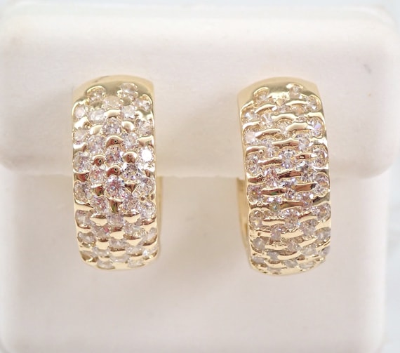 Vintage 14K Yellow Gold Huggie Earrings, Cubic Zirconia Hoops Wide Huggies