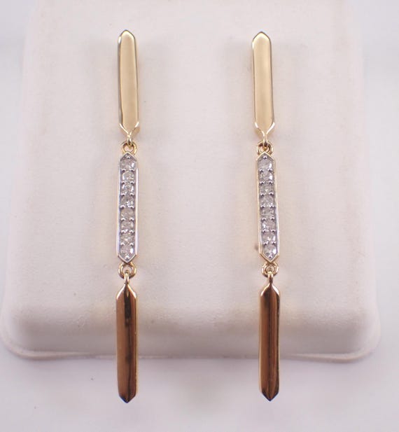14K Yellow Gold Diamond Dangle Earrings - Unique Modern Bar Design - GalaxyGems Fine Jewelry Gift