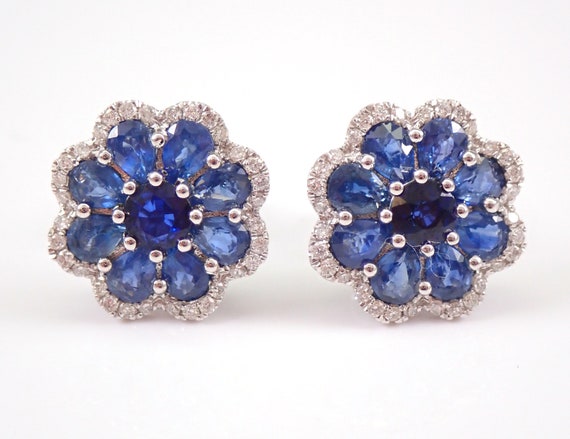 18k White Gold Sapphire Earrings - Diamond Flower Stud Setting - September Gemstone Fine Jewelry Gift
