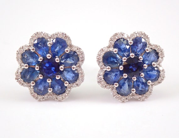 Genuine Sapphire Earrings - 18K White Gold Flower Stud Earrings - Diamond and Gemstone Cluster Studs - September Gemstone Jewelry for Her