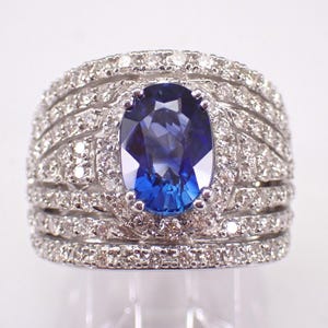 18K White Gold EFFY Sapphire and Diamond Ring: Wide Multi Row Bridal Setting