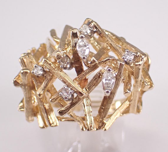 Vintage 14K Yellow Gold Diamond Ring: Abstract Domed Branch Bamboo Estate Setting