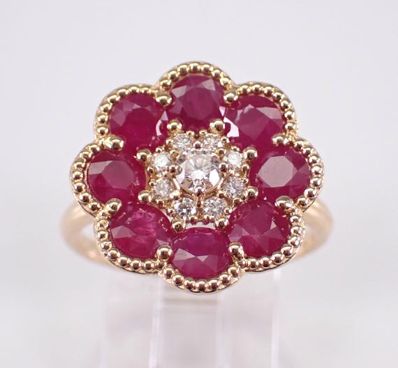 14K Yellow Gold Ruby Flower Ring, Unique Diamond Cluster Setting, Wedding Anniversary Fine Jewelry Gift