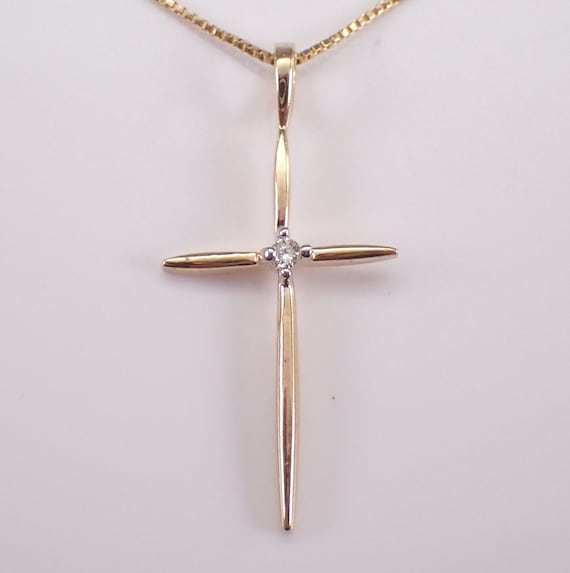 14K Yellow Gold Diamond Cross Necklace, Dainty Estate Charm Pendant, Simple Religious Jewelry Gift