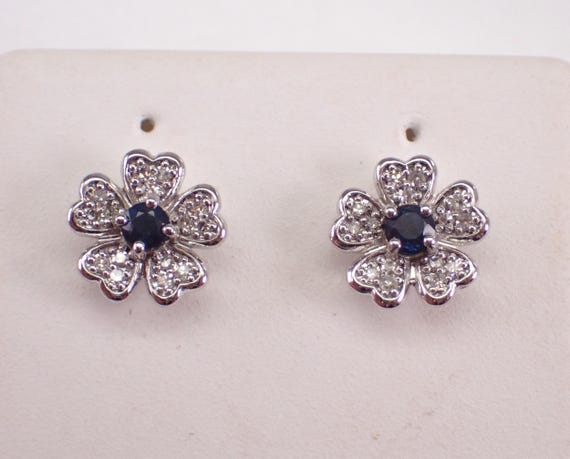 White Gold Flower Stud Earrings: Dainty Diamond and Sapphire Setting