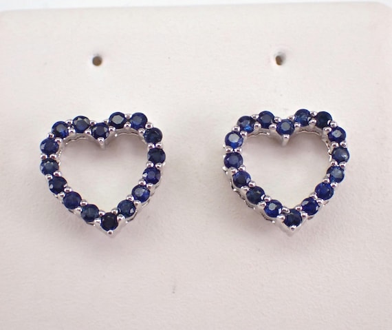White Gold Sapphire Heart Earrings - Dainty Gemstone Screwback Studs - Small Birthday Fine Jewelry Gift
