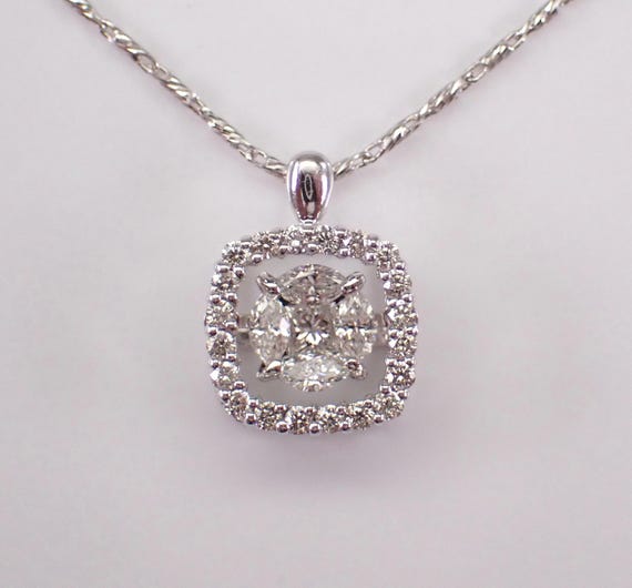 14K White Gold Diamond Pendant and Chain - Unique Dancing Floating Cluster Charm Necklace - GalaxyGems Bridal Fine Jewelry Gift