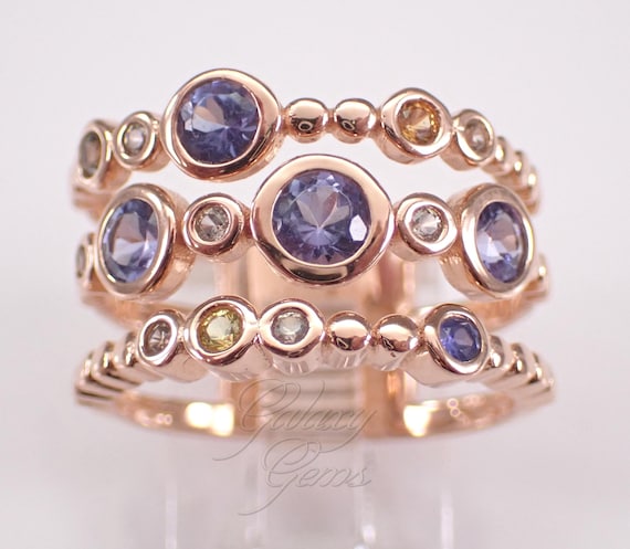 Tanzanite and Multi Color Sapphire Ring - Rose Gold Plated Sterling Silver Multi Row Band