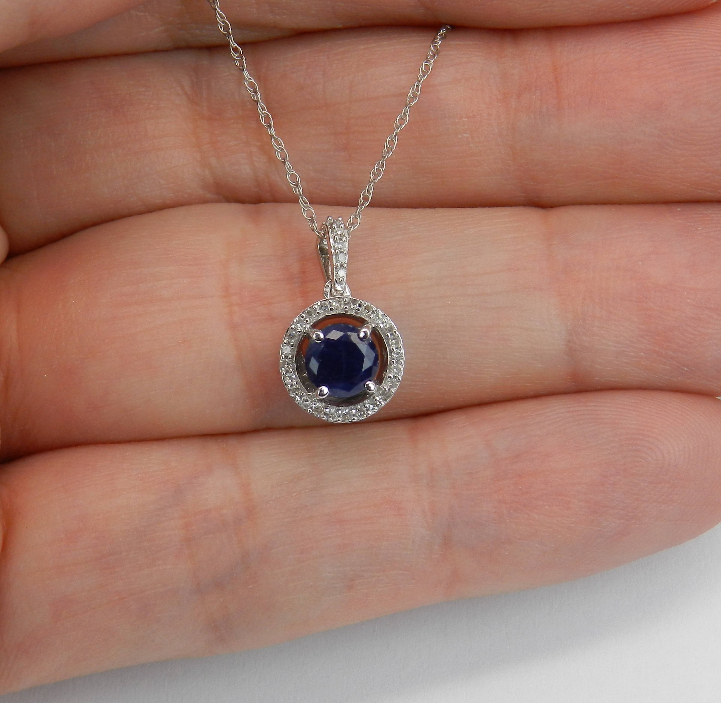 Diamond and Sapphire Halo Pendant Wedding Necklace White Gold 18 Chain