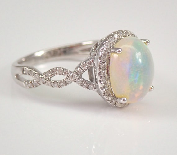 Opal And Diamond Engagement Ring - 14K White Gold Halo Crossover Setting - October Birthstone Jewelry Gift