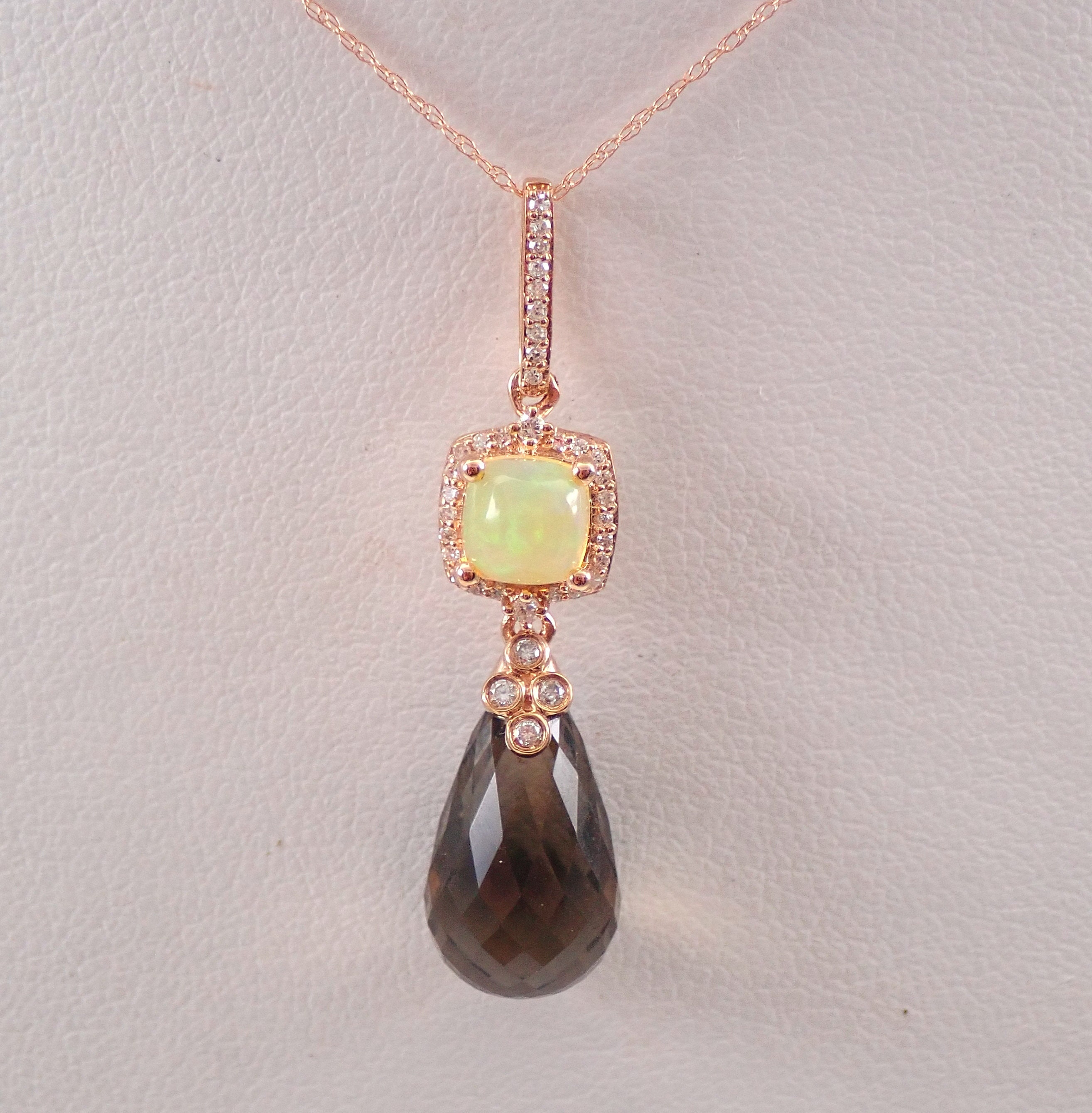 Rose Gold Diamond Opal Smokey Topaz Briolette Necklace Pendant 18 Chain