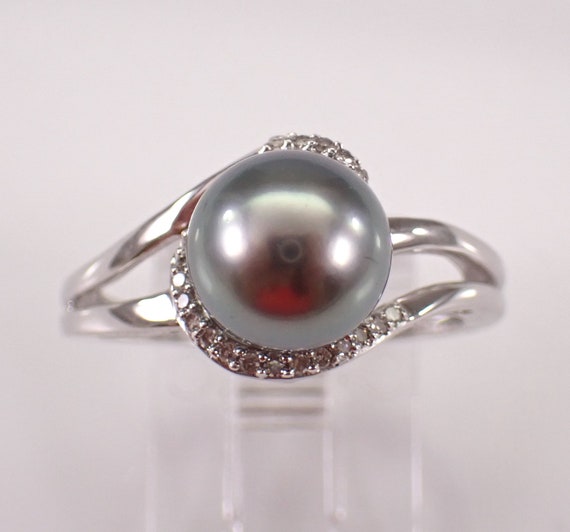 14K White Gold Black Pearl Ring - Dainty Diamond Engagement Setting - June Gemstone Fine Jewelry Gift