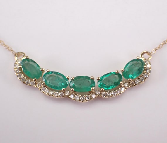 14K Yellow Gold Emerald Curved Bar Necklace, Diamond Station Pendant and Chain