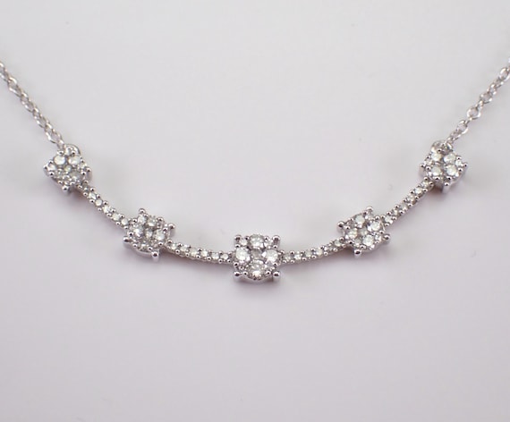 White Gold Diamond Curved Bar Necklace - Station Cluster Charm Pendant and Chain - GalaxyGems Fine Jewelry Choker Gift