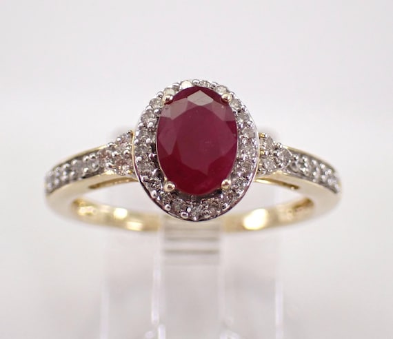 Ruby and Diamond Engagement Ring - Yellow Gold Gemstone Halo Setting - July Birthstone Fine Jewelry Gift