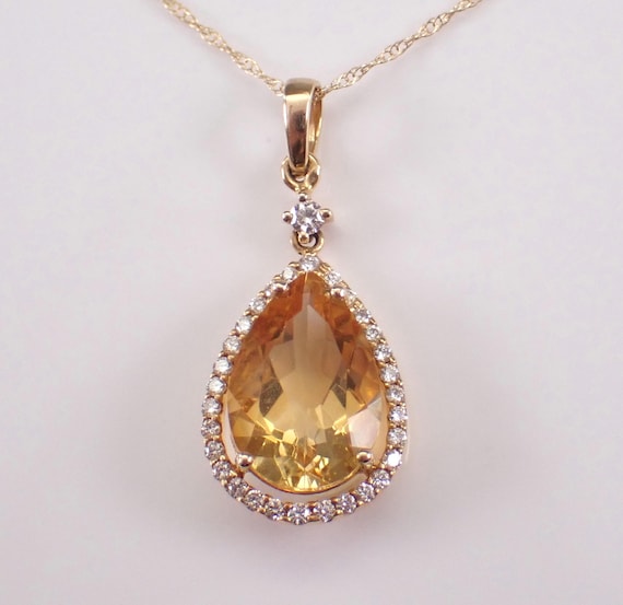14K Yellow Gold Citrine and Diamond Necklace: Teardrop Gemstone Pendant and Chain