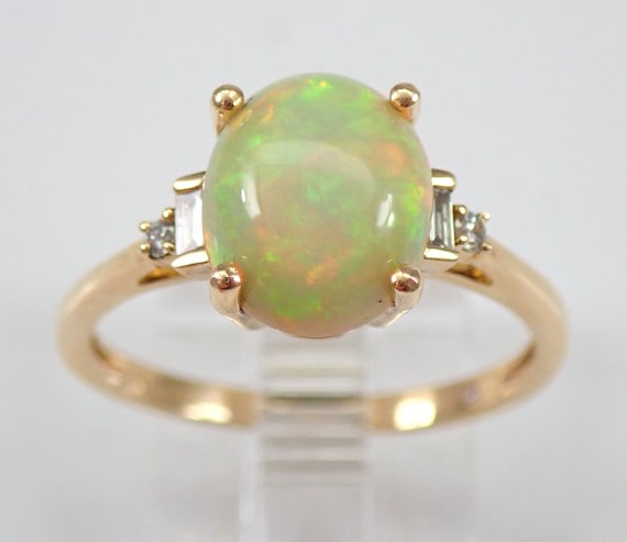 14K Yellow Gold Opal Engagement Ring - Baguette Diamond Bridal Setting - October Gemstone Birthstone Gift