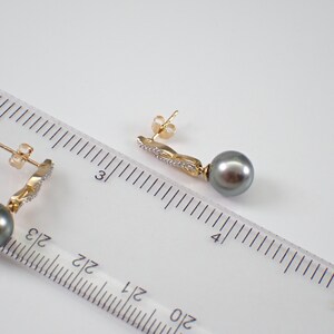 Black Tahitian Pearl Earrings Diamond Dangle Drop Setting 14K Yellow Gold Fine Jewelry Gift June Birthstone Gemstone image 4