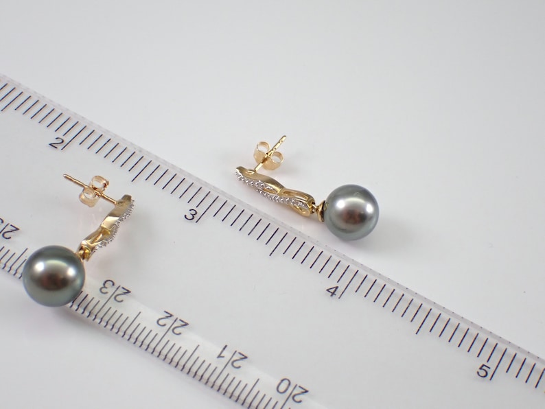 Black Tahitian Pearl Earrings Diamond Dangle Drop Setting 14K Yellow Gold Fine Jewelry Gift June Birthstone Gemstone image 4