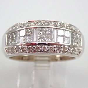 LeVian 14K White Gold Diamond Ring - Multi Row Dome Anniversary Band - Princess Cut and Baguette Cluster