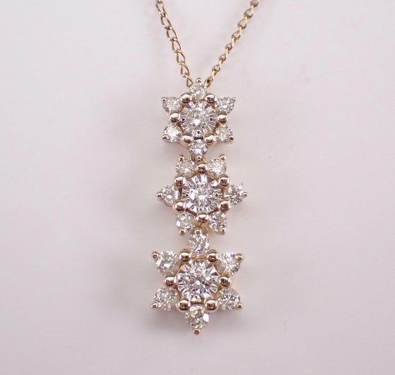 Yellow Gold Diamond Flower Pendant and Chain - Lariat Dangle Charm Necklace - Unique Bridal Cluster Fine Jewelry Gift