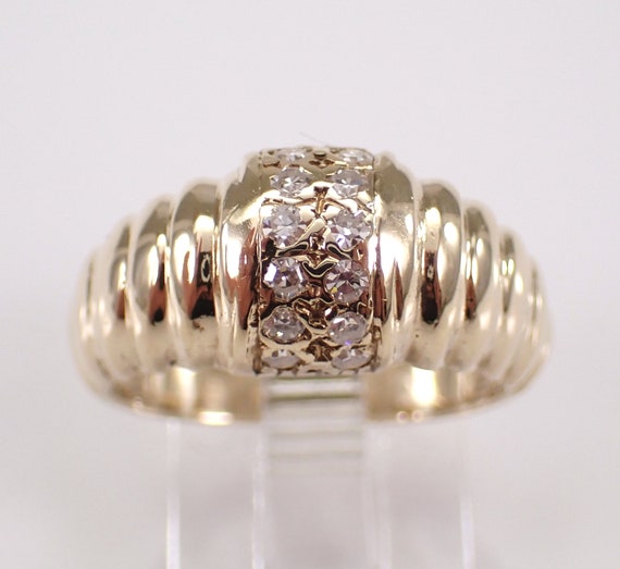 Vintage 14K Yellow Gold Diamond Band - Unique Dome Wedding Anniversary Ring - Estate Fine Jewelry Gift