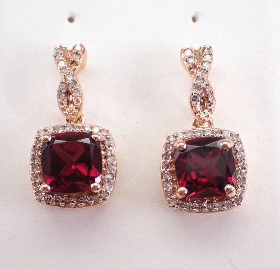 Cushion Cut Garnet and Diamond Earrings - Rose Gold Halo Dangle Drop Setting - January Birthstone Fine Jewelry Gift