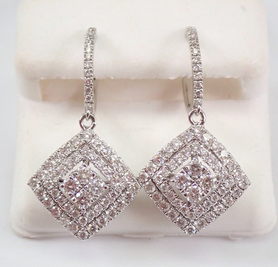 Genuine Diamond Earrings, Solid 14K White Gold Square Cluster Dangle, High Quality Fine Jewelry