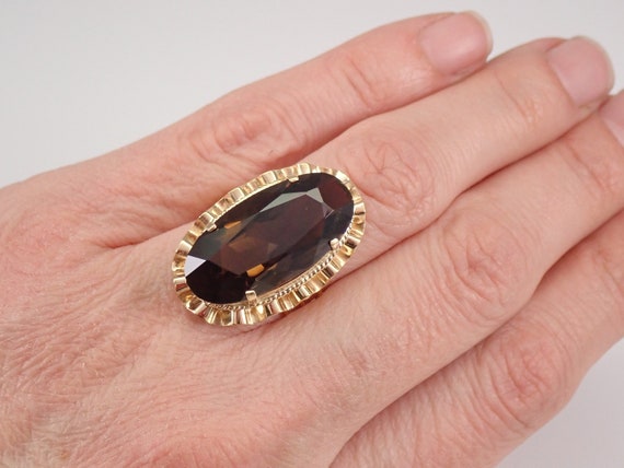 70s Vintage Large Smokey Topaz Ring - 14K Yellow Gold Brown Quartz Solitaire - Elongated Ballerina Setting