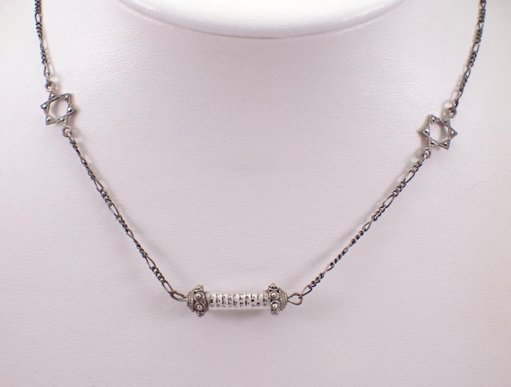 Vintage Marcasite Star of David Necklace, Sterling Silver Mezuzah Pendant Chain, Estate Station Magen Torah Ketubah Charm