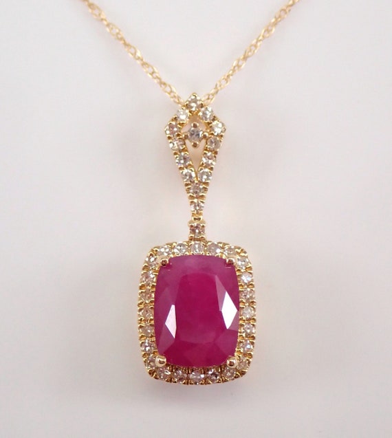 14K Yellow Gold Diamond and Cushion Cut Ruby Halo Pendant Necklace 18" Chain