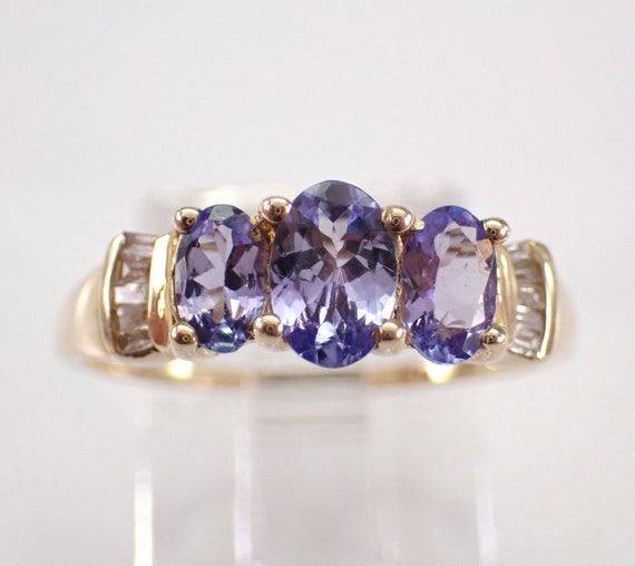 Yellow Gold Tanzanite Anniversary Ring,  Three Stone Diamond Setting, Dainty Gemstone Wedding Band Gift